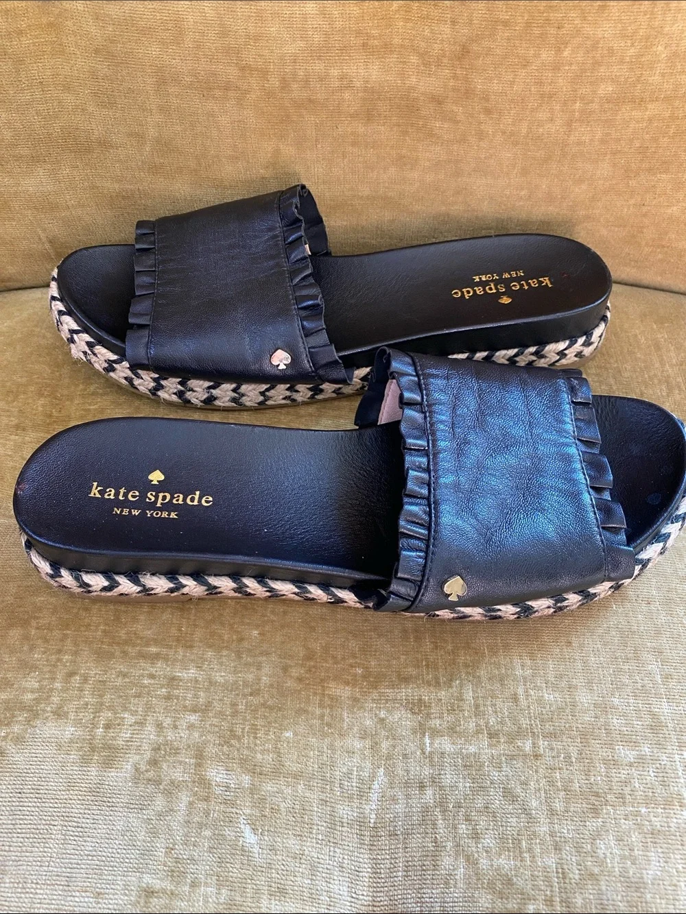 Kate Spade espadrille black leather slides, size 7 1/2, like new